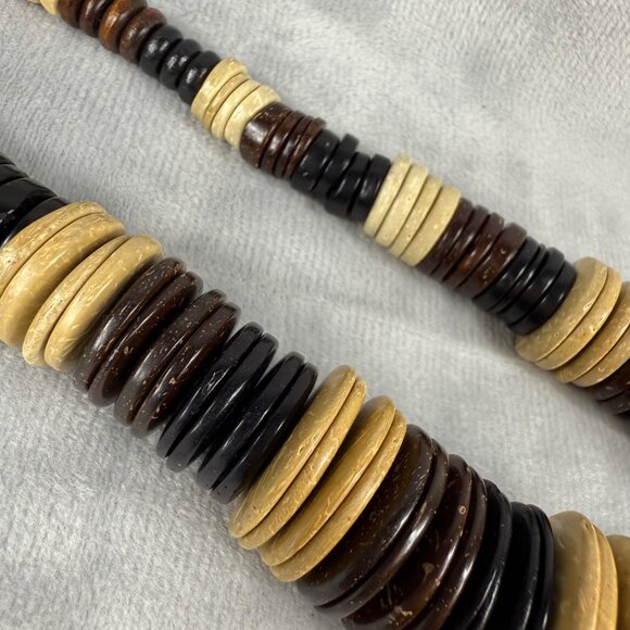 Chunky Natural Wood Bead Necklace Black Brown/Beige Layers & Loop Button Closure - Picture 16 of 16